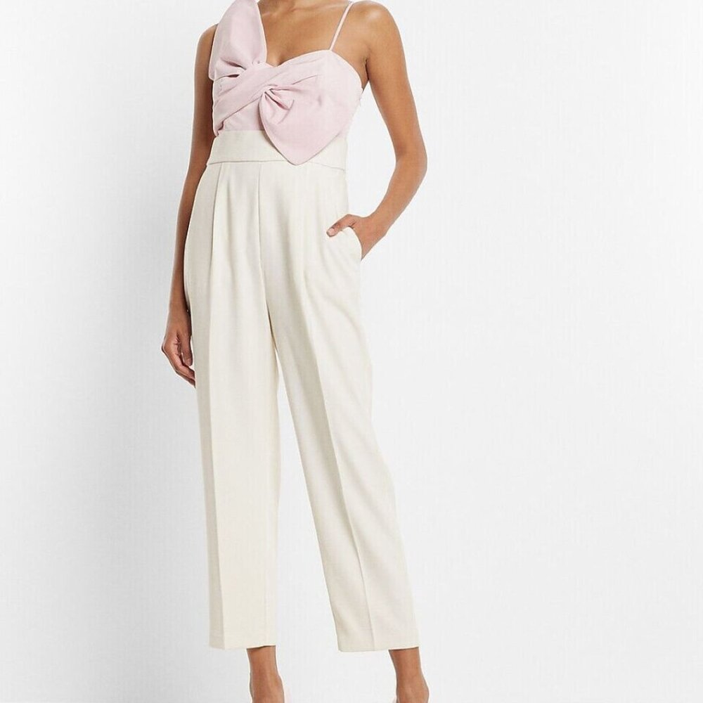 NWT Express Statement Bow Color Block Straight Leg Jumpsuit XS Pink Barbicore